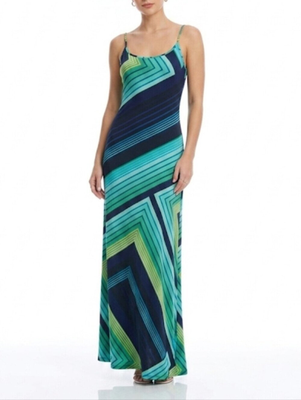 Cache Stretchy Maxi Dress Spaghetti Straps Blue/Green Geometric Print Size XL